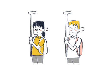 白状をあげてヘルプサインを出している視覚障害者のセット　コミカルな手書きの人物　ベクター