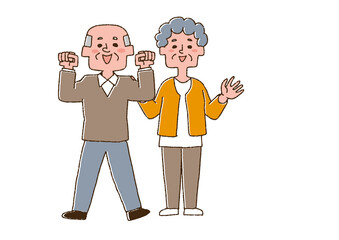 元気のいいハツラツとした老夫婦　コミカルな手書きの人物　ベクター、線画にカラー