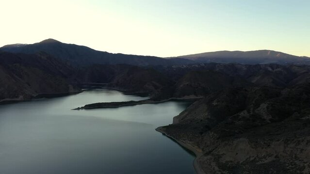 Pyramid lake near Tejon Pass. California reservoir. Aerial view