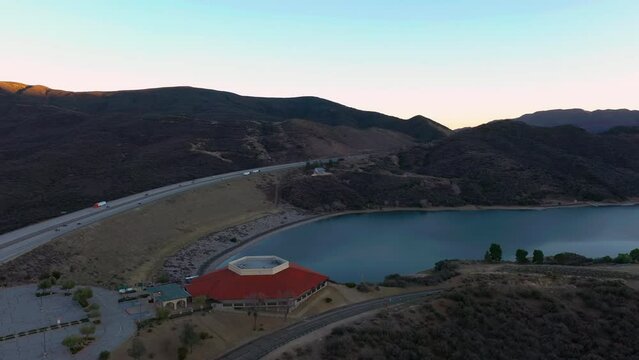 Pyramid Lake Los Angeles County. Visitor center Tejon Pass, aerial drone.