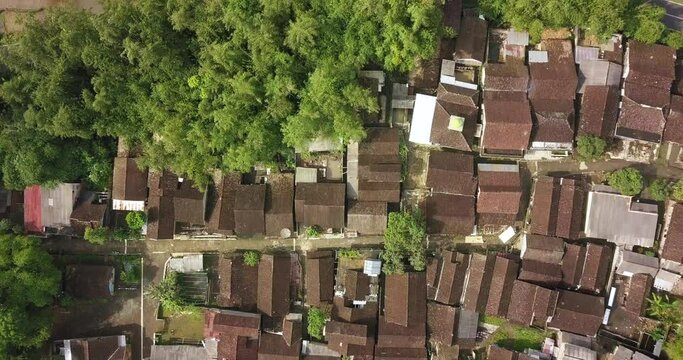 Aerial view of housing and Rice terraces which are divided by road taken from drone camera. Flight over of Tonoboyo village, Magelang, Indonesia. view of village and green fields in central java