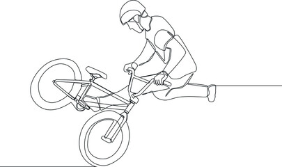 Simple continuous line drawing young rider performing freestyle trick on street. Vector illustration.