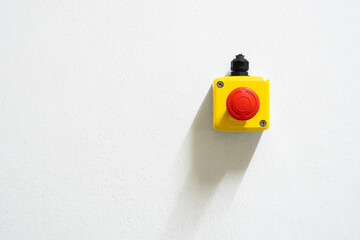 Stop Red Button and the Hand of Worker About to Press it. emergency stop button. Big Red emergency...