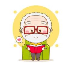 Cute grandpa reading book on sofa chibi hand drawn cartoon character