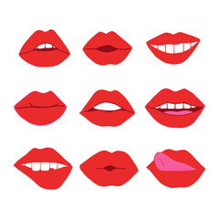 lips with red lipstick set icon. mouth vector illustration hand drawn in cartoon style.