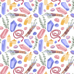 Seamless pattern with different items for spiritual practices, yoga or wellness.