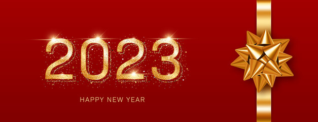 Fototapeta na wymiar 2023 New Year card template with golden gift ribbon and glittering numbers on red background