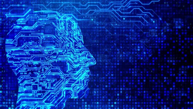 Loop Animation Artificial Intelligence Future AI tech machine learning. human fast digital computing, robot revolution. human head connection activity and circuit board, binary code in the background