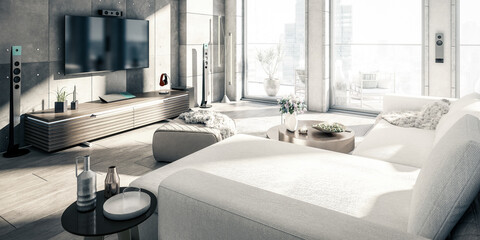 Obraz na płótnie Canvas Open Loft Area Living Room - panoramic black and white 3D Visualization