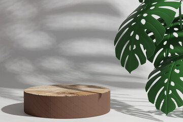Wood podium stand with natural rock with green plant, pedestal for brand product exhibition. 3D render