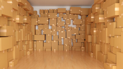 Stack of cardboard box carton or parcel in logistics warehouse. concept of delivering goods. 3d render.
