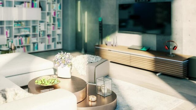 Penthouse Open Area Living Room With a TV-Set - loopable 3D Visualizationom