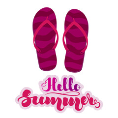 Purple striped beach slippers, flip flops and handwritten lettering Hello Summer . illustration isolated on white background.