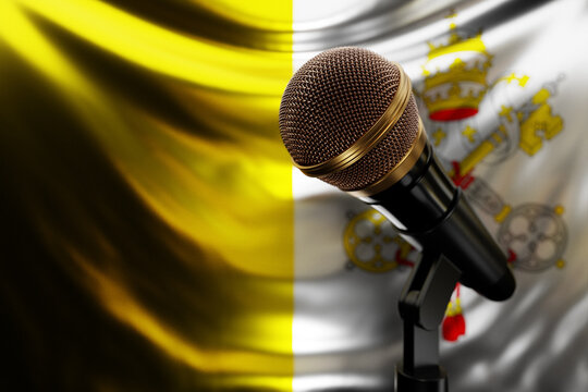 Microphone on the background of the National Flag of Vatican, realistic 3d illustration. music award, karaoke, radio and recording studio sound equipment