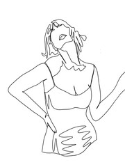 A portrait of a woman is drawn in one line art style. Body expression. Printable art.