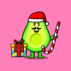 cute cartoon avocado santa clause character is bringing candy cane and boxes christmas illustration  