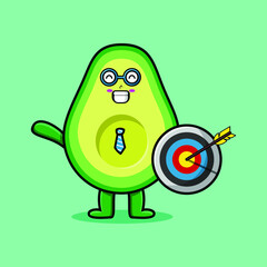 Cute cartoon avocado businessman holding target and arrow with happy expression in 3d modern style design