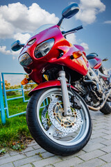 Sports motorcycle close-up. Motorcycle elements. Biker motorcycle.