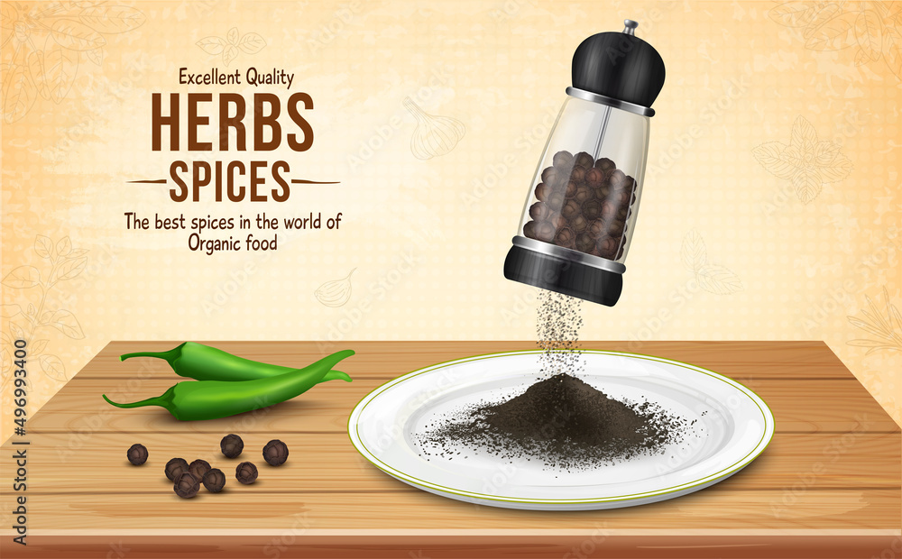 Wall mural black pepper with pepper mill sprinkling black pepper powder vector illustration