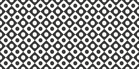 Checkered pattern background in black and white. Textured vector seamless repeat banner of diamond and spot shapes. Checkerboard geometric design element. 