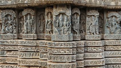 Stone Sculpture of Indian Lords Krishna, Vishnu, Lord Bramha on the Lakshminarsimha Temple, Javagal...