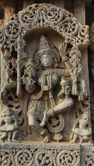 Fototapeta na wymiar 12th Century Sculpture of Goddess Saraswathi, Lakshminarsimha Temple, Javagal , Hassan, Karnataka, India