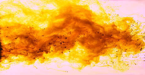 horizontal. Splash,dissolution of brown paint in rose water with copy space. Abstract background