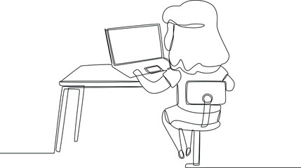 Simple continuous line drawing little Girl sitting and studying on laptop. Vector illustration.