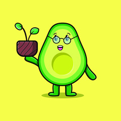 Cute cartoon avocado holding plant in a pot 3d modern style design