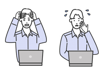 シャツを着たオフィスカジュアルでパソコンの前に座るエンジニア風の男性の表情バリエーションの白背景に線画のシンプルなイラスト