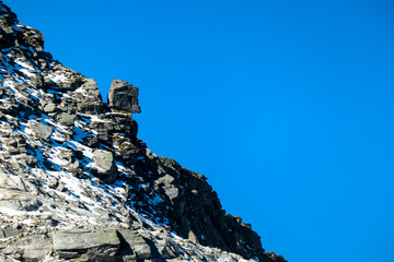 Close up view on the slope of Goldbergspitze in High Tauern Alps in Carinthia and Salzburg, Austria, Europe. Mountains in the Hohe Tauern National Park. High altitude landscape. Rock falling at edge