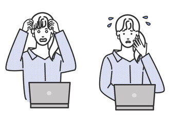 パソコンの前に座るフェミニンでおしゃれなアジア人女性の表情のバリエーションの白バックのシンプルな線画のイラスト