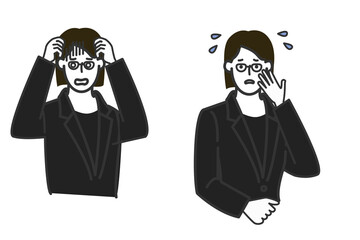 おかっぱのメガネとかけ喪服を着た穏やかそうな葬儀屋の女性職員表情のバリエーションセットの白バックのシンプルな線画のイラスト