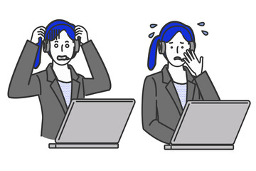 インカムマイクをつけた女性テレフォンオペレーターの上半身のイラスト表情セット