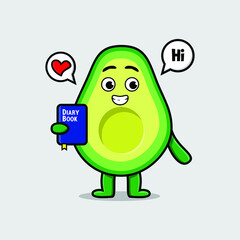 Cute cartoon avocado character holding diary book with happy expression in concept 3d cartoon style