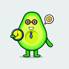 Cute cartoon avocado character holding clock with happy expression in concept 3d cartoon style
