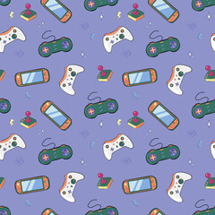 Cute seamless abstract pattern in pixel game style. Colorful gamer template with gamepads, game slogans and gamer aesthetics. Flat cartoon vector illustration