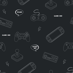 Cute seamless outline pattern in pixel game style. Colorful gamer template with gamepads, game slogans and gamer aesthetics. Flat cartoon vector illustration