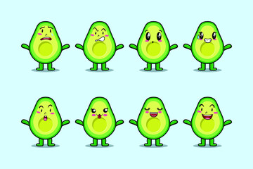 Set kawaii avocado cartoon character with different expressions of cartoon face vector illustrations