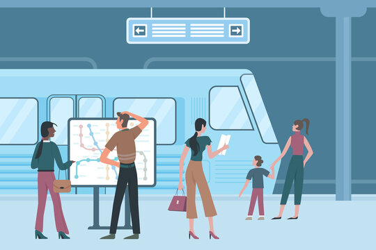 Underground subway station interior with passengers and electric train in tunnel. People standing on railroad platform, walking to carriage flat vector illustration. City infrastructure concept