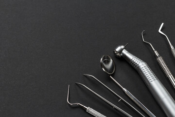 Set of metal dental instruments for teeth dental care