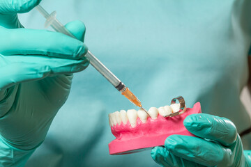 Dentist with layout of the human jaw and syringe.