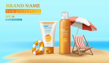 3d realistic vector background illustration. Beautu summer ad banner with sunscreen bottles and spray.