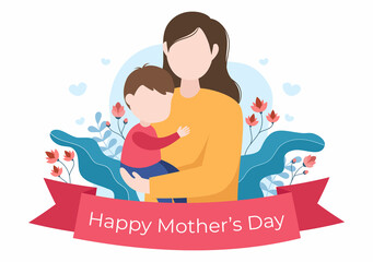 Happy Mother Day Flat Design Illustration. Mother Holding Baby or with Their Children Which is Commemorated on December 22 for Greeting Card or Poster