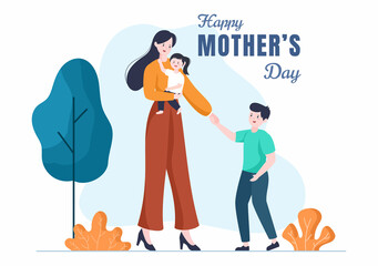 Happy Mother Day Flat Design Illustration. Mother Holding Baby or with Their Children Which is Commemorated on December 22 for Greeting Card or Poster
