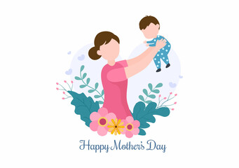 Happy Mother Day Flat Design Illustration. Mother Holding Baby or with Their Children Which is Commemorated on December 22 for Greeting Card or Poster