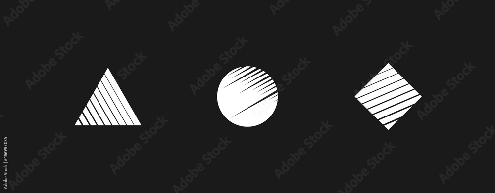 Poster set of retrowave design elements, geometry shapes. triangle with diagonal stripes, creative synthwav