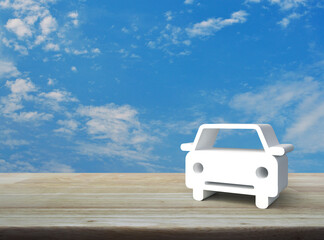 Car 3d icon on wooden table over blue sky with white clouds, Business transportation service concept