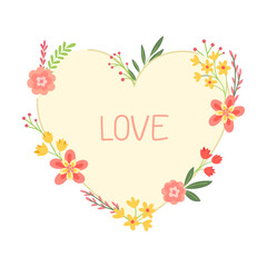 Blooming Flowers and Blossom Arranged in Heart Shape with Love Inscription for Valentines Day Vector Illustration