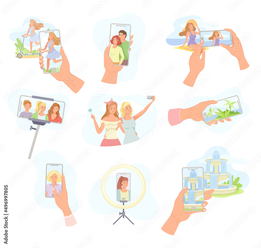 Poster hands holding smartphone recording video with camera filming picture on screen vector set